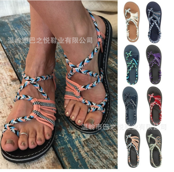Plus Size Color-Blocked Knotted Sandals for Women 2025 New European and American Beach Thong Toe Flats Sandals Wish Amazon Cross-Border