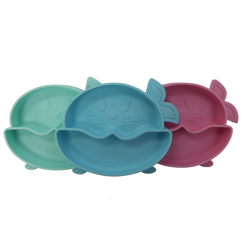 Fabricante de silicona plato de cena para niños de silicona de grado alimenticio de dibujos animados tipo gatito tipo mariposa plato de cena suave para niños plato de merienda