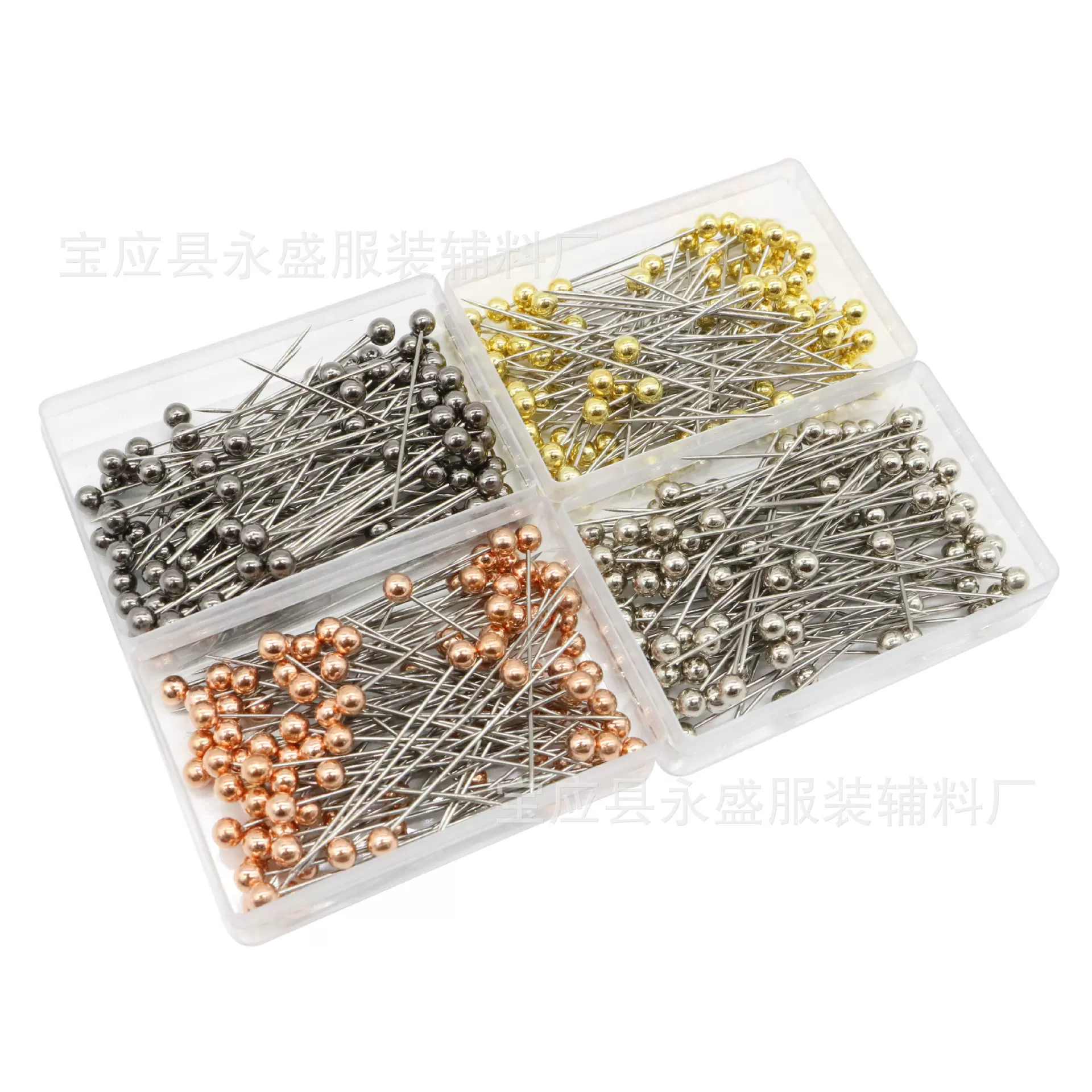 亚马逊盒装100枚金属色珠光针黑金锋利大头针服装定位针珠针批发