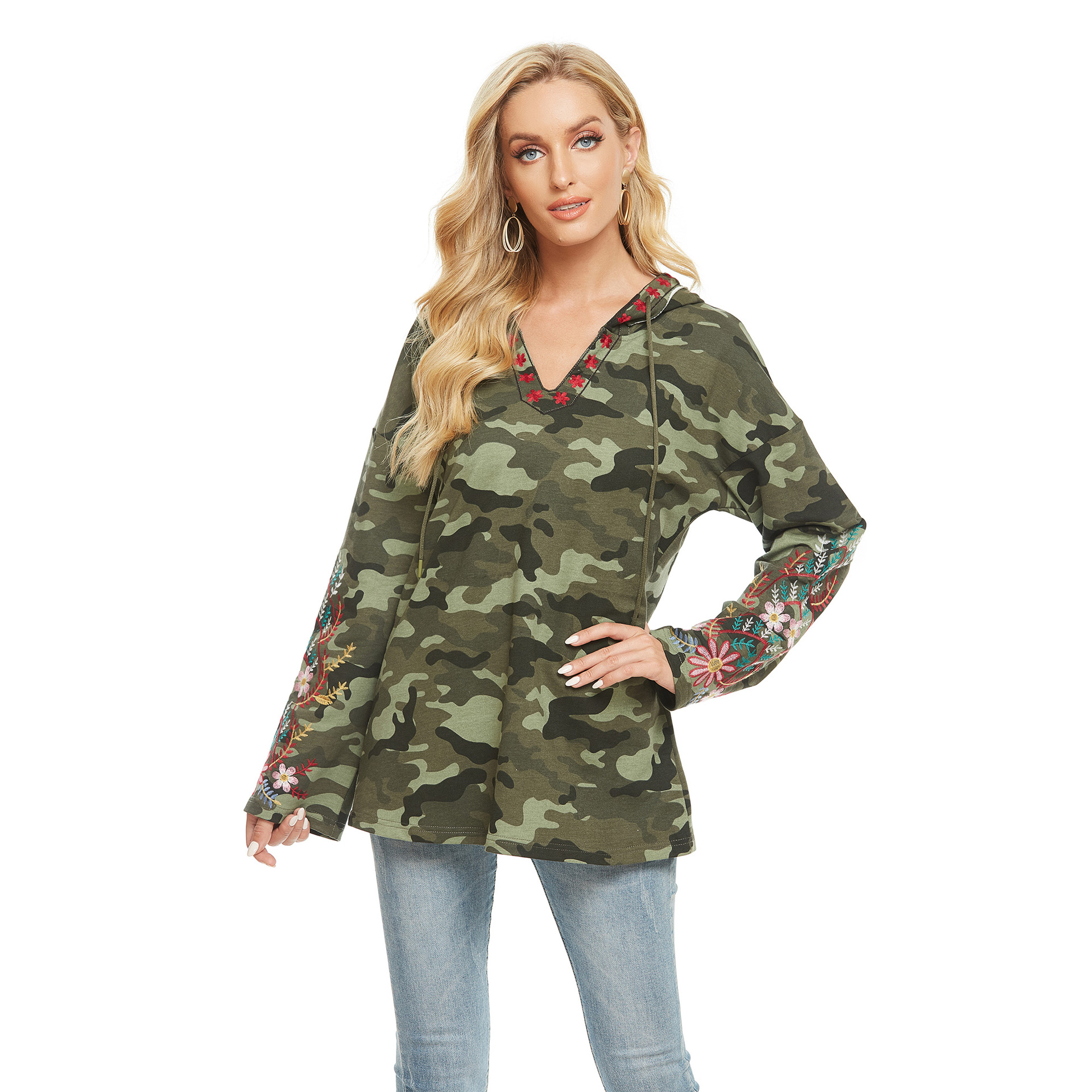Spot embroidery women's clothing 2023 camouflage V-neck top Amazon…