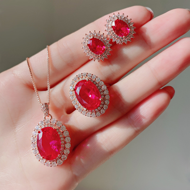 Zhuang Shengsheng Jewelry Simulación Corindón rojo 18K Oro rosa Paloma Huevo 8*10 Juego de anillo rojo