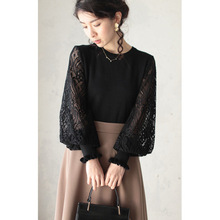 2024日韩乐天秋季女装代购蕾丝泡泡袖时尚休闲套头针织衫上衣