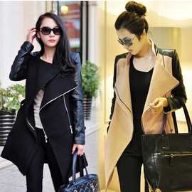 2025速卖通非凡wish欧美中长款大码外套拼接皮袖毛呢子大衣风衣