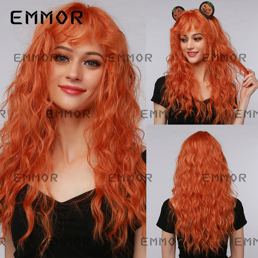 Peluca de Halloween naranja con rizos pequeños y flequillo, cabello largo y rizado, peluca hecha a máquina, peluca naranja de Navidad