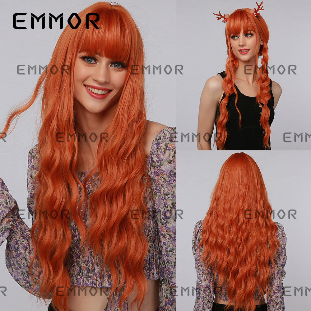 Peluca de Halloween naranja con rizos pequeños y flequillo, cabello largo y rizado, peluca hecha a máquina, peluca naranja de Navidad