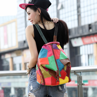 Miffy Punk Colorful Stitching Backpack Women's Top Layer Cowhide Color Backpack Free Agent