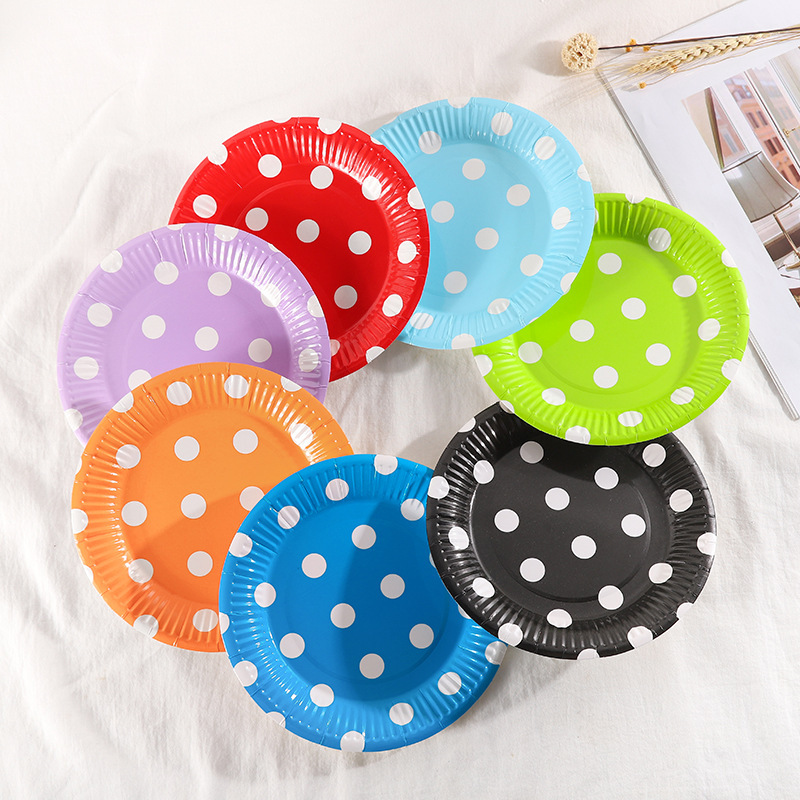 Disposable Paper Tray 7 inch Color Dot Printing Paper Tray Birthday Party Supplies Paper Tray Cross-border Special Paper Dinner Tray