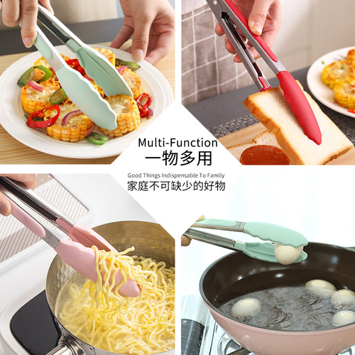 Silicone food tongs stainless steel bread tongs Korean barbecue tongs high temperature resistant silicone stainless steel food tongs wholesale
