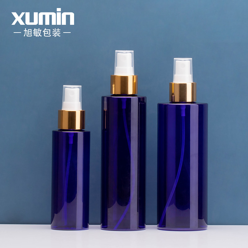 现货200ML喷雾瓶兰色平肩瓶 100ml白喷金色电化铝圈喷瓶 旭敏包材