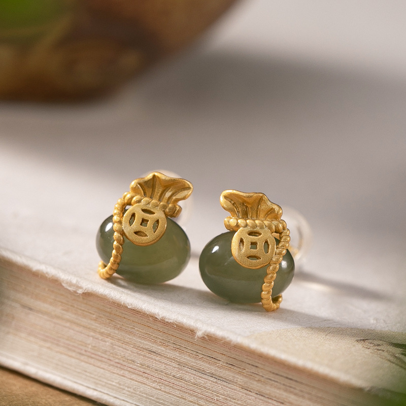 Bông tai bạc S925 mạ vàng đính ngọc bích phong cách cổ điển — Thanh ngọc mẫu tối màu