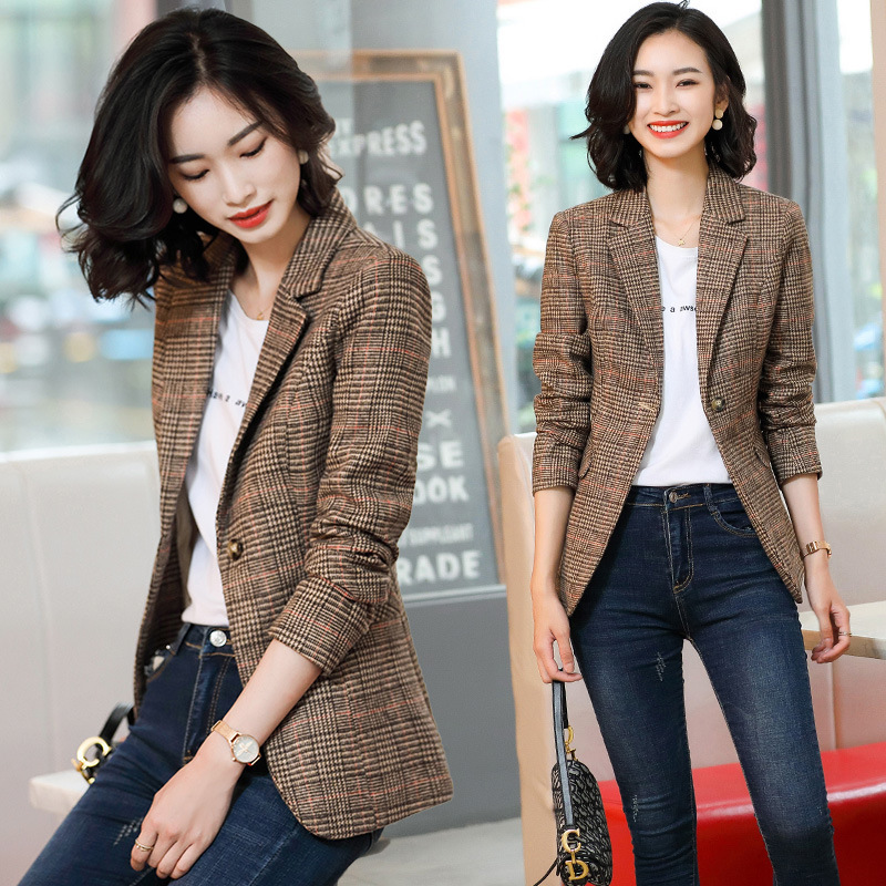 Plaid Suit Jacket Women's Autumn and Winter 2020 New Korean Style Slim-fit Elegant Casual Thickened Woolen Small Suit Top