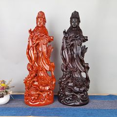 黑檀實木雕刻觀音菩薩佛像客廳家用居家供奉擺件站龍觀世音菩薩