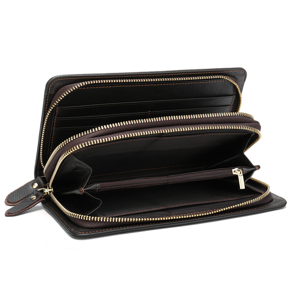 Ví nam da bò thật dáng dài kiểu clutch có khóa kéo hai lớp và ngăn đựng tiền xu — Cà phê/khóa kéo đơn, Màu Đen/khóa kéo đơn, 9013 màu đen, Cà phê 9013
