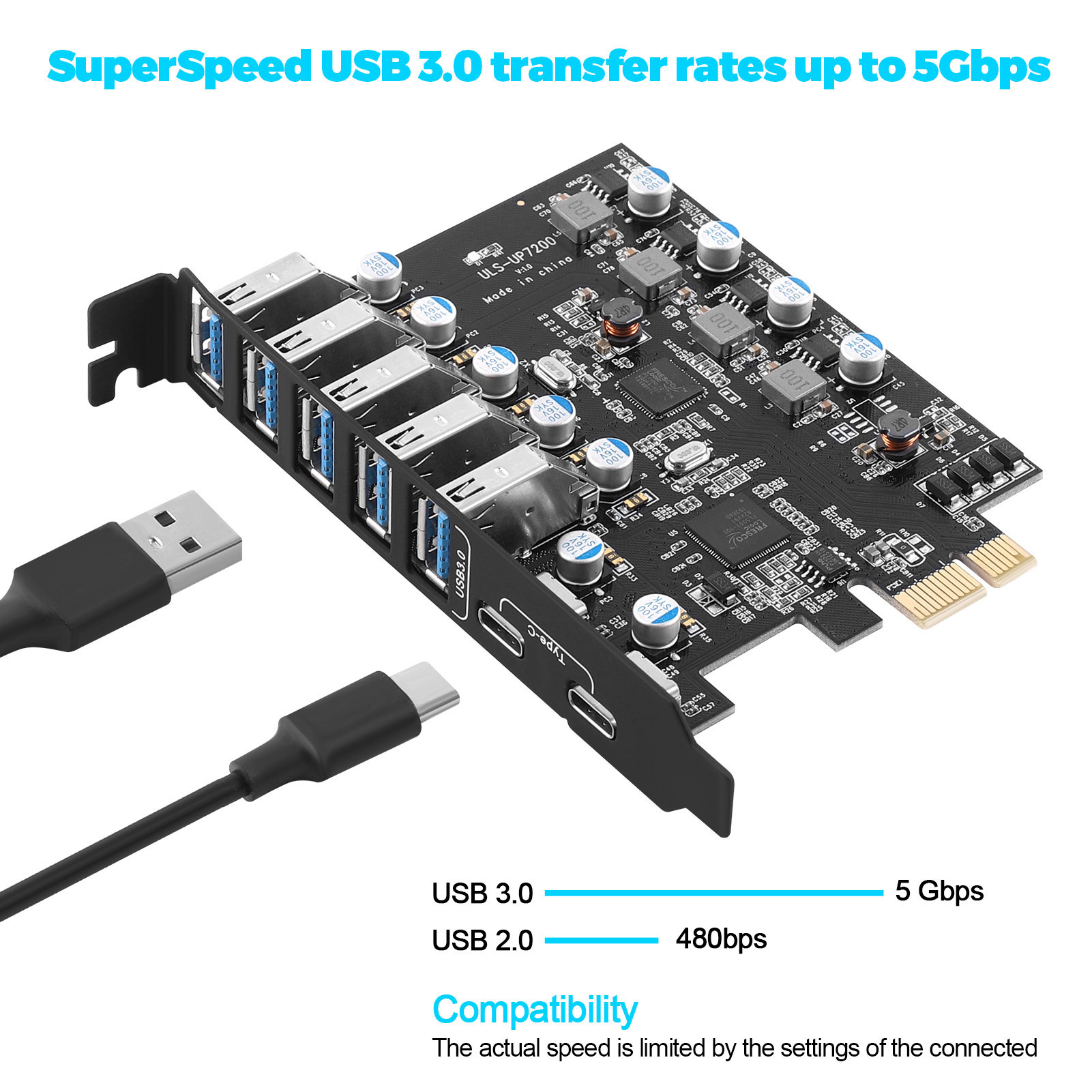 Tarjeta de expansión USB3.0 computadora de escritorio PCI-E para mecanografiar C (2), tipo A(5) tarjeta adaptadora