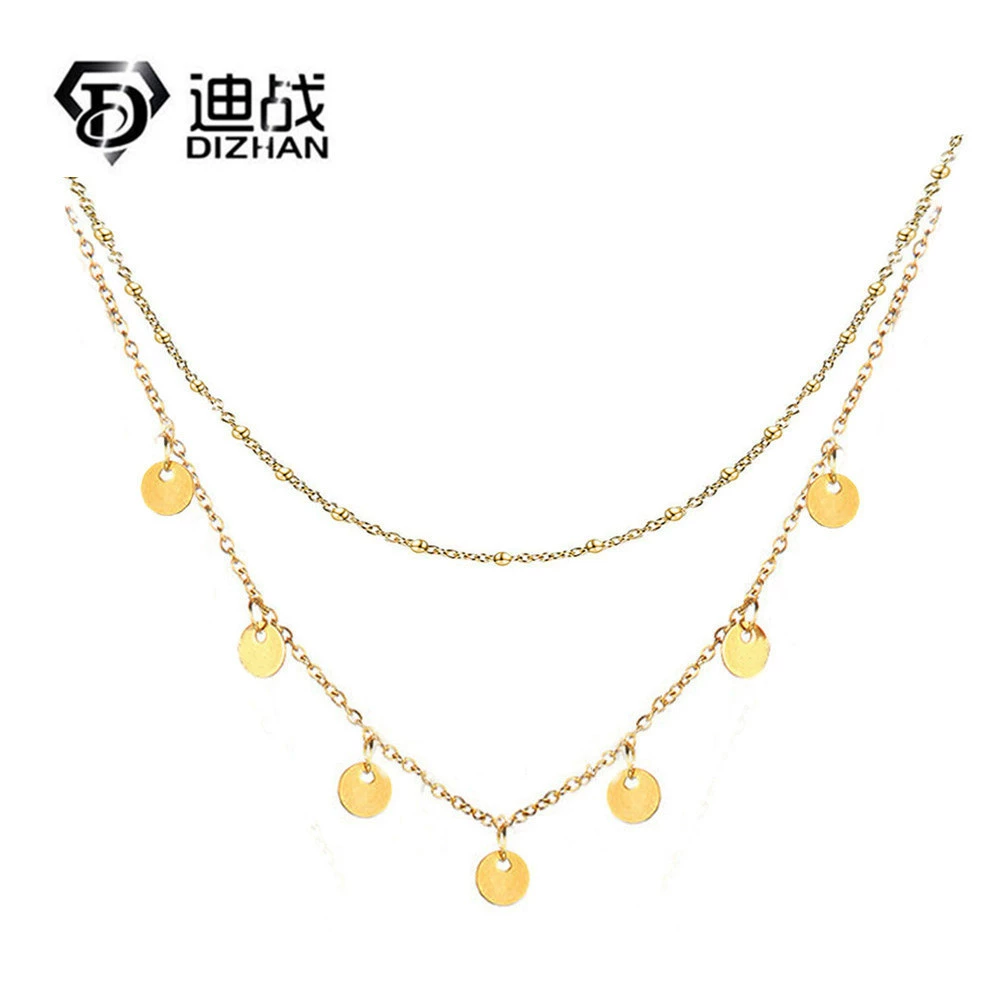 Европейские и американские популярные трансграничные украшения из нержавеющей стали круглая Монета Кисточкой креативный кулон из бисера цепочка двойное ожерелье ключицы