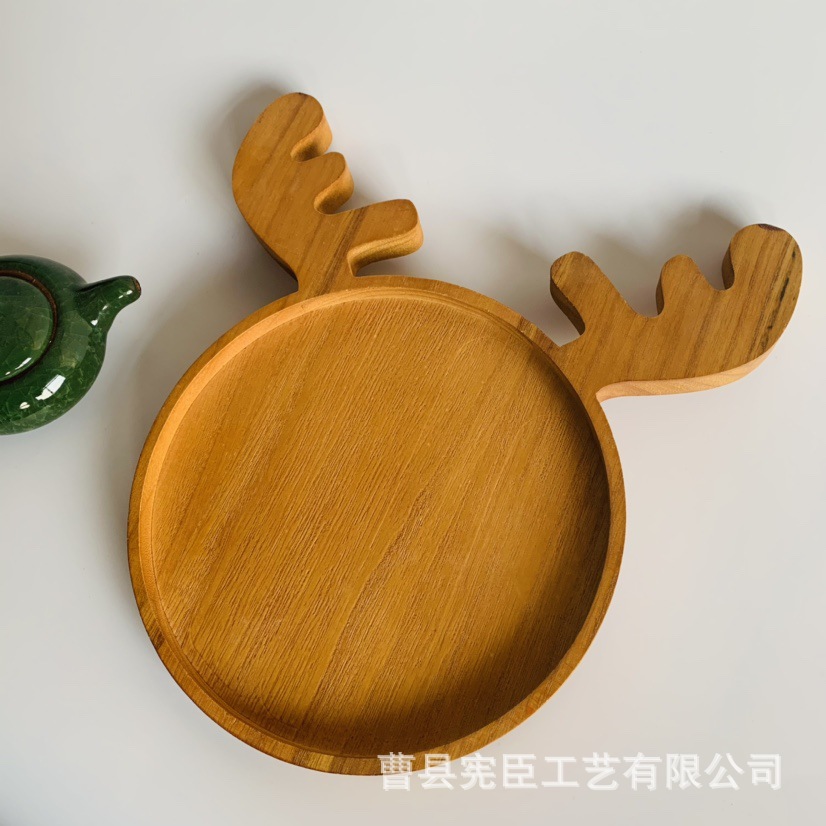 托盘厂家卡通小鹿圆形木盘子木质水果盘点心碟木质木托盘
