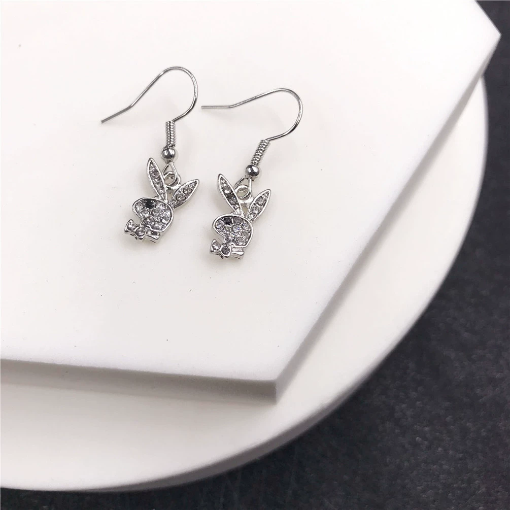Кролик клип-уши серьги, нержавеющая сталь, кристалл из rhinestone, панк-хип-хоп стиль, без прокола