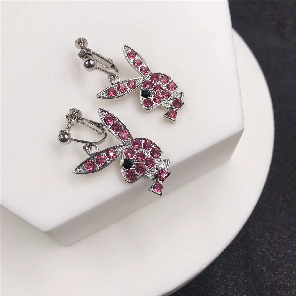 Кролик клип-уши серьги, нержавеющая сталь, кристалл из rhinestone, панк-хип-хоп стиль, без прокола