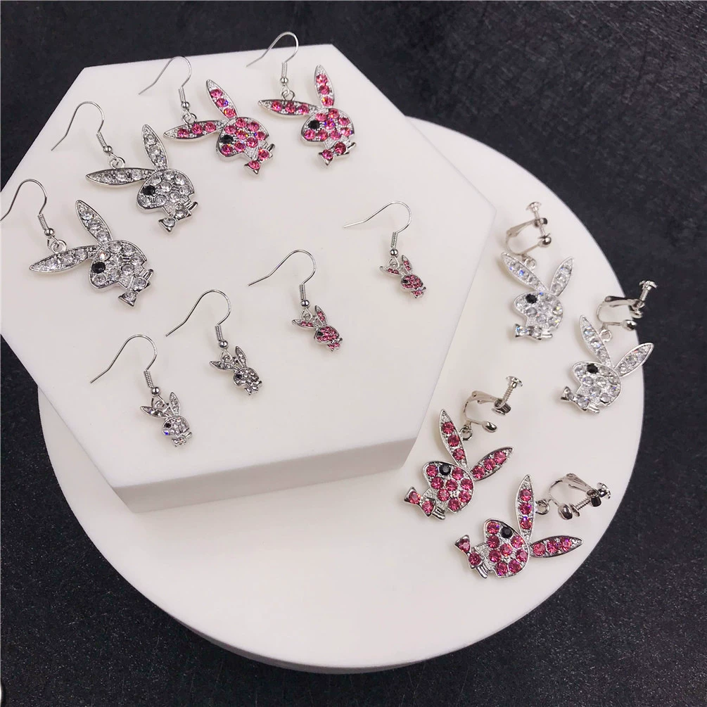 Кролик клип-уши серьги, нержавеющая сталь, кристалл из rhinestone, панк-хип-хоп стиль, без прокола