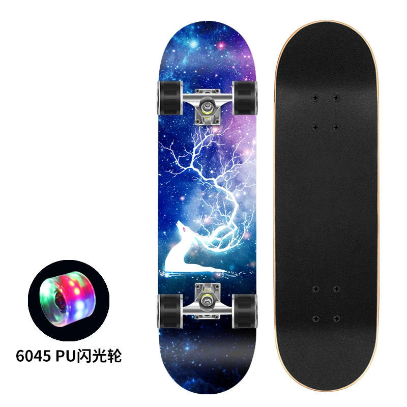 Polyurethane flash skateboard, 80×20 cm, double-kick deck, 6045 PU wheels, 300 lb load