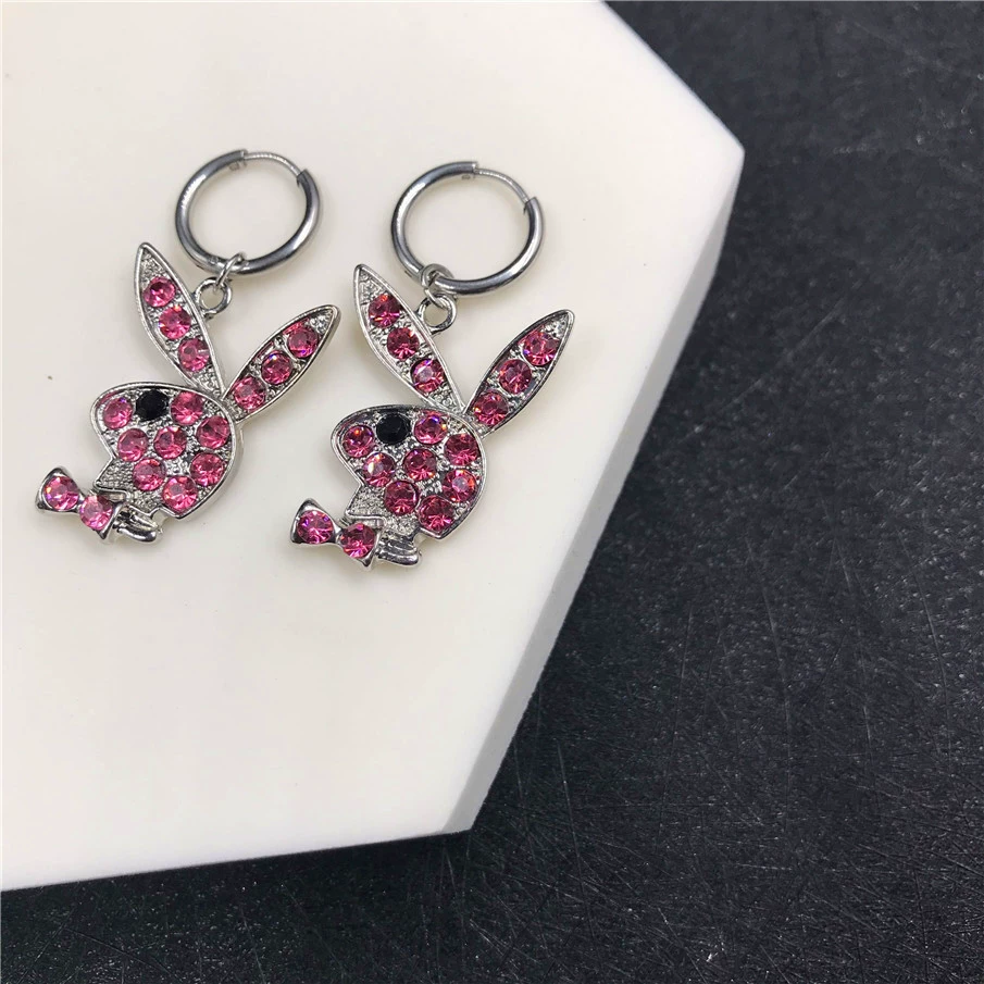 Кролик клип-уши серьги, нержавеющая сталь, кристалл из rhinestone, панк-хип-хоп стиль, без прокола