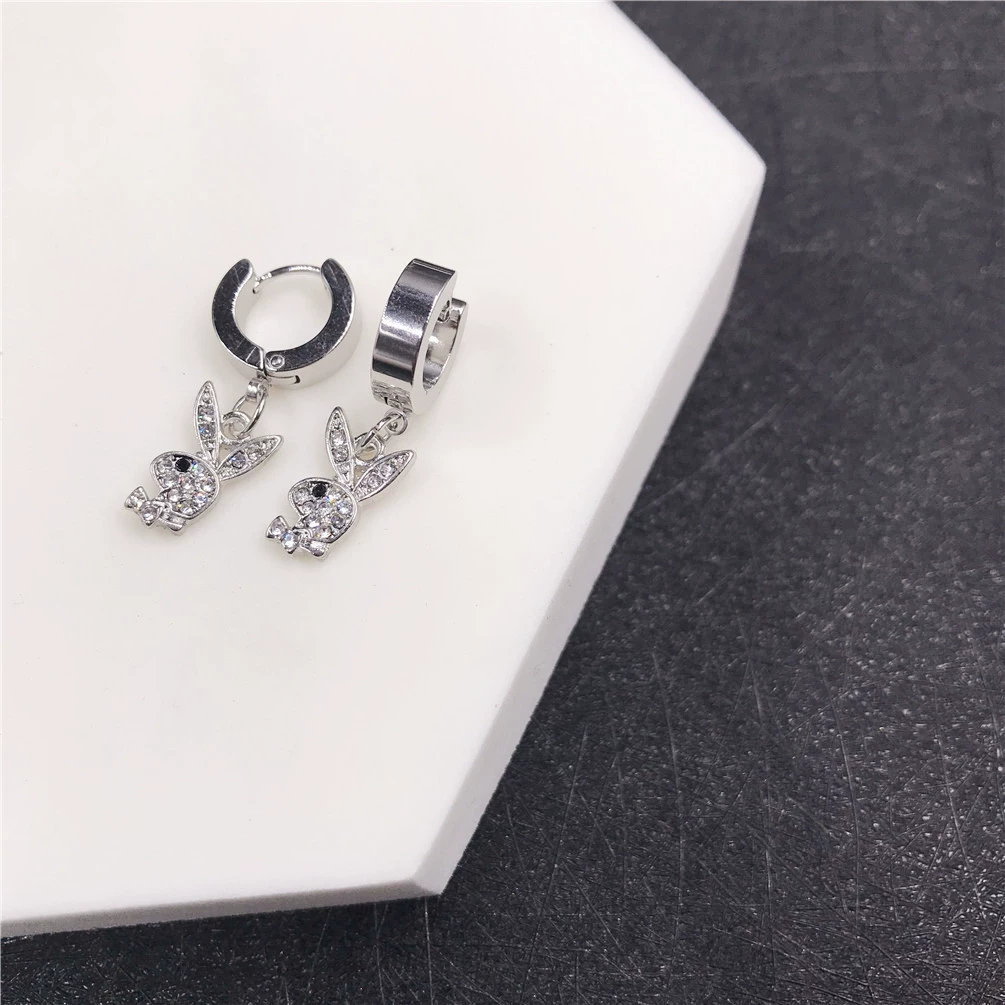 Кролик клип-уши серьги, нержавеющая сталь, кристалл из rhinestone, панк-хип-хоп стиль, без прокола