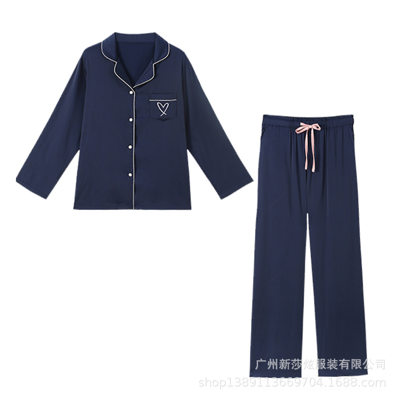 유럽과 미국의 얼음 실크 잠옷, 작은 옷깃 가디건, 긴팔 바지, 실크 투피스 세트, 여성용 얼음 실크 가정복, 얇은