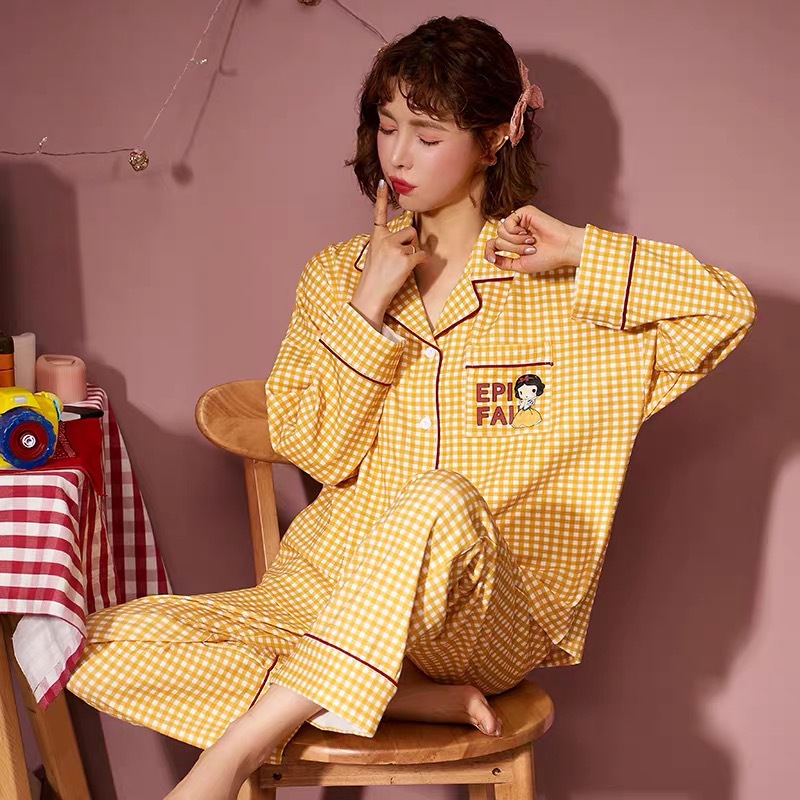 Pijamas de manga larga para mujer primavera nuevo 100% algodón coreano de dibujos animados lindo cardigan primavera y otoño traje de algodón para el hogar