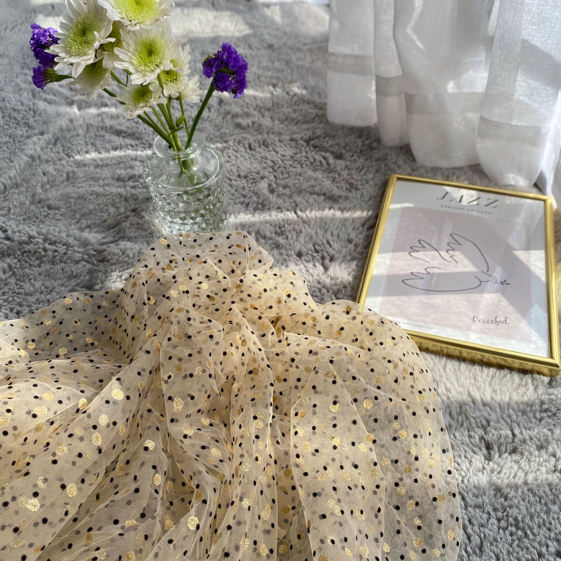 Tela de malla súper hermosa Procesamiento de hilo dorado flocado brillante oro dot falda de gasa ropa para niños hanfu Lolita tela de Mantel