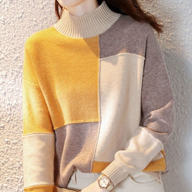Color-Blocked Half-Turtleneck Thick Sweater for Women, Loose Fit, Outerwear, 2026 Autumn and Winter Trendy Top, Thick Style, Color-Blocking, Stylish for Commuting