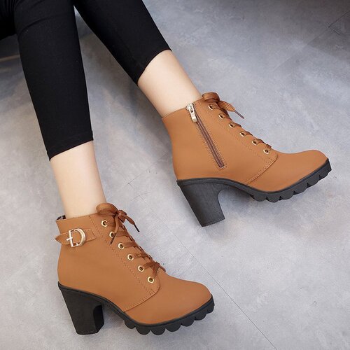 Korean-style non-slip high-heeled chunky-heel women's boots, lace-up ankle boots for fall/winter, Martin-style single-layer boots, women's shoes, and cotton-lined boots