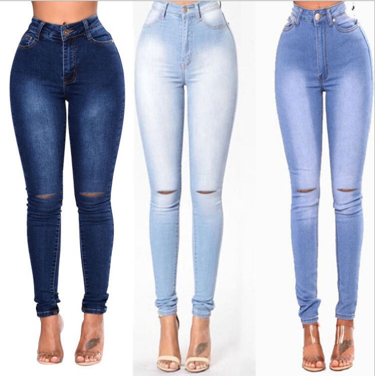 Jeans Ajustados Elásticos Desgastados para Mujer, Estilo Europeo y Americano, para Comercio Transfronterizo en WishBay y Amazon