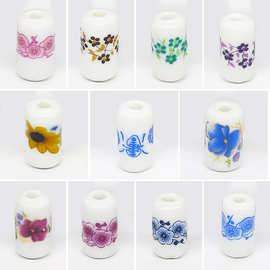 diy手工陶瓷直管贴花小鸟钥匙扣饰品佛珠配件 青花瓷桶珠散珠手链