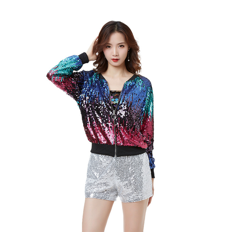 Long Sleeve Sequin Korean Style Loose Jazz Dance Costume Top Handsome Modern Fashion Sequin Performance Clothing Women's Clothing Watch