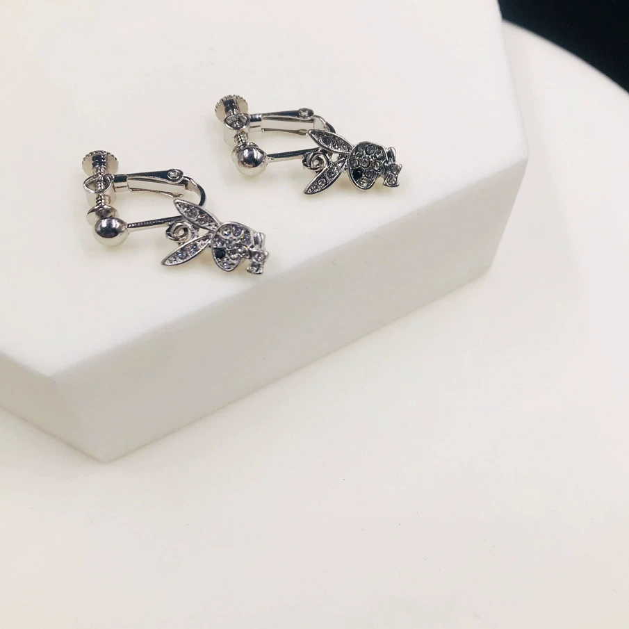 Кролик клип-уши серьги, нержавеющая сталь, кристалл из rhinestone, панк-хип-хоп стиль, без прокола