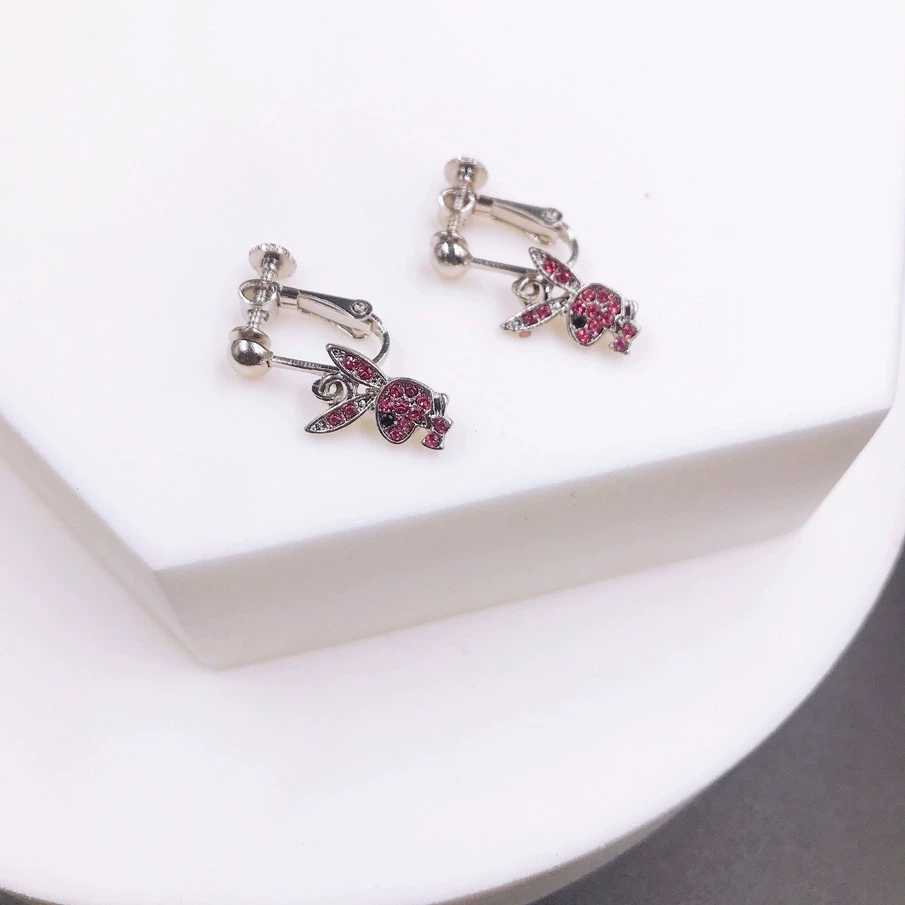 Кролик клип-уши серьги, нержавеющая сталь, кристалл из rhinestone, панк-хип-хоп стиль, без прокола