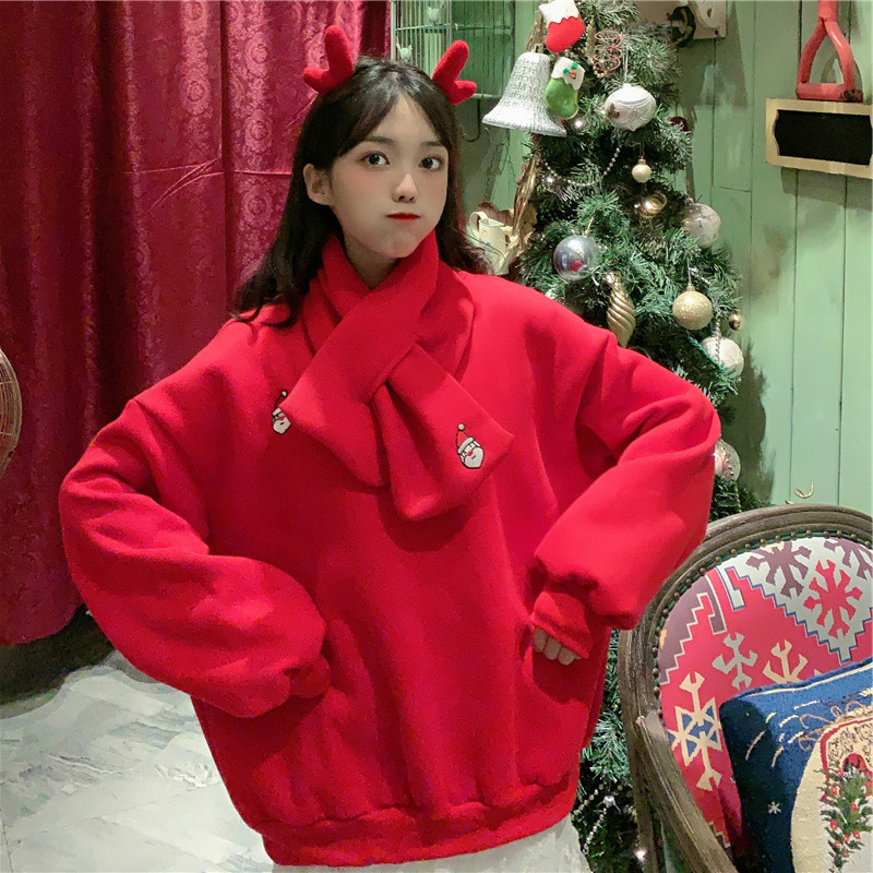 圣诞节服装围巾亲子装母女装韩版加绒加厚保暖红色卫衣围脖秋冬款