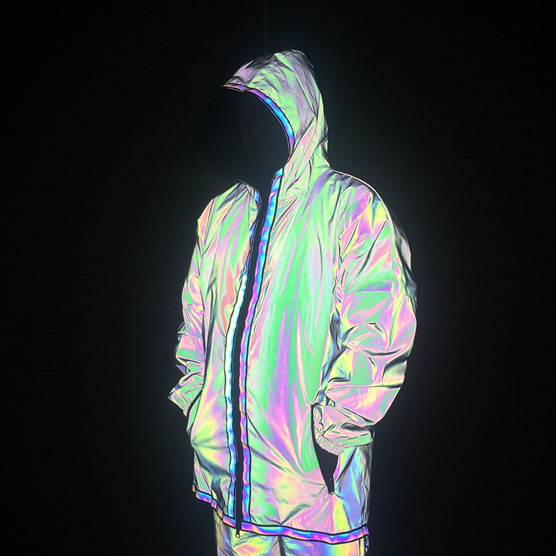 Men's Clothing colorful reflective windbreaker laser luminous mid length jacket coat_voghion.com