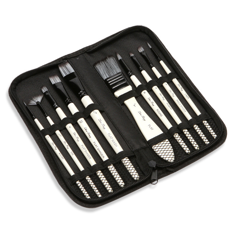 Suministro directo de fábrica 10 nylon lana acuarela cepillo con tablero cepillo bolsa de tela cepillo traje pintura suministros al por mayor