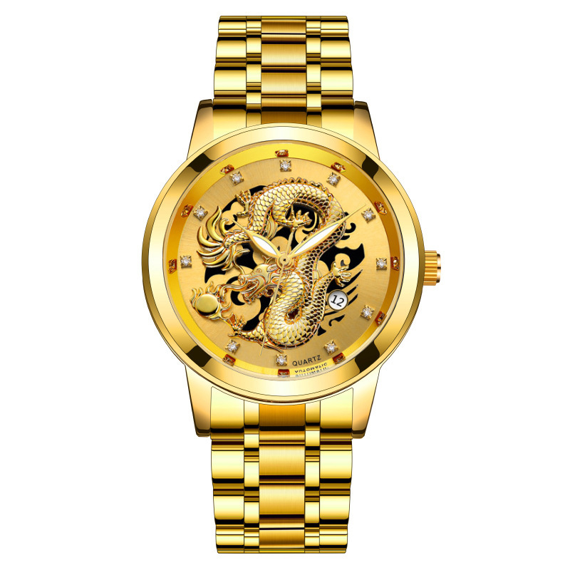 Foreign Trade Popular Fashion Calendar Men's Watch Men's Watch Steel Band Non-Mechanical Business Waterproof Luminous Hollow Dragon Watch