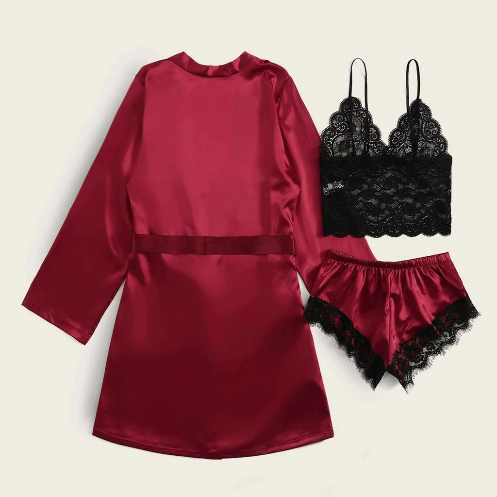 3-Piece Silk-Look Satin Pajama Set, Tube Top + Robe + Shorts, European Style, Lift Effect