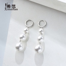 s925纯银三连珠耳坠女长款珍珠流苏耳环夸张气质新年喜庆银饰批发