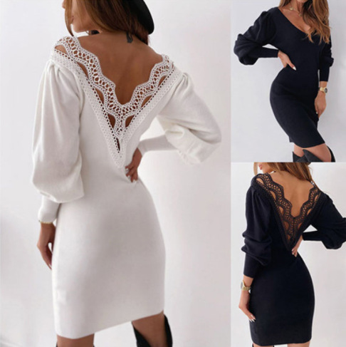 European and American style autumn/winter hot-selling dress, sexy backless hollowed-out lace V-neck solid color waist-cinching dress, in stock.