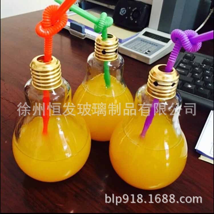 创意玻璃灯泡饮料瓶玻璃杯含盖 300ml果汁奶茶酸奶瓶现货批发