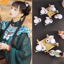 初韵古风发饰毛绒发夹秋冬兔子毛茸兔对夹儿童女童边夹头饰可爱风