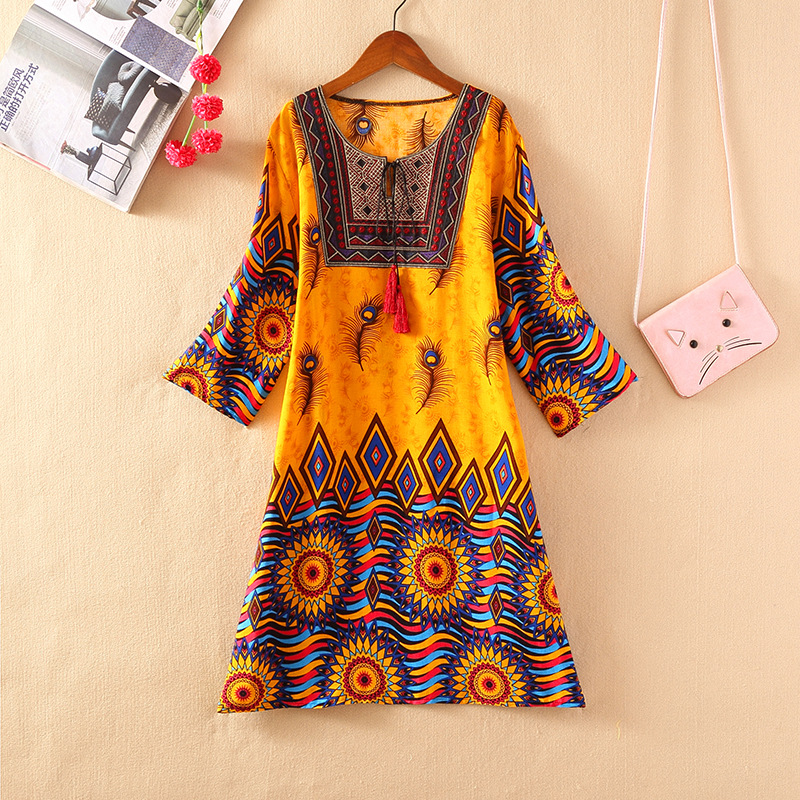 タイ風Aラインコットンワンピース、夏向け、クロスボーダーコットンシルクワンピース、アーティスティックレトロエスニック風婦人服