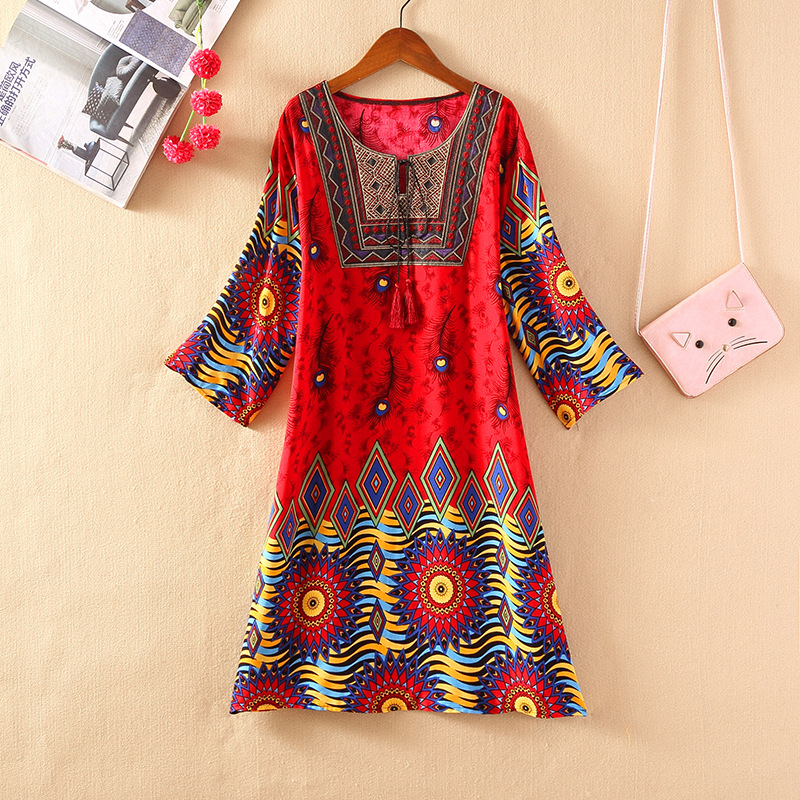 タイ風Aラインコットンワンピース、夏向け、クロスボーダーコットンシルクワンピース、アーティスティックレトロエスニック風婦人服
