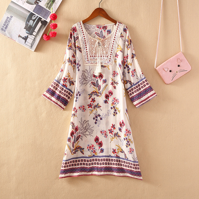 タイ風Aラインコットンワンピース、夏向け、クロスボーダーコットンシルクワンピース、アーティスティックレトロエスニック風婦人服