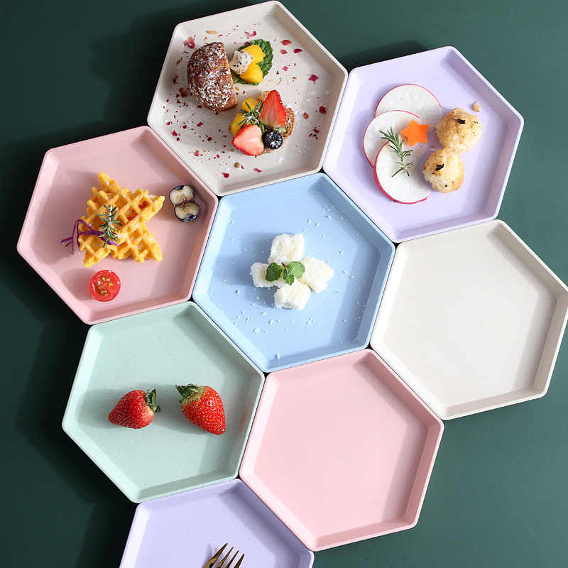 15cm hexagonal plato de paja de trigo pastel creativo plato de postre engrosada espesado resistente a las gotas plato de hueso plato doméstico