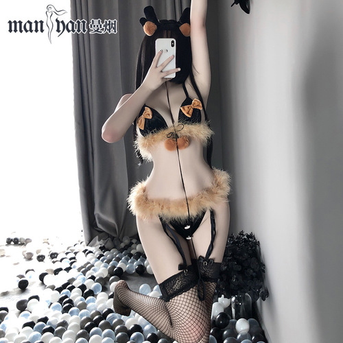 Manyan sexy lingerie sexy bow three-point plush elk Christmas series uniform delivery set 9891